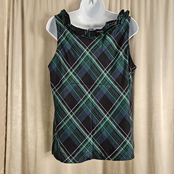 Talbots green blue & black plaid silk ruffled shell blouse top Womens 14 - Picture 5 of 7